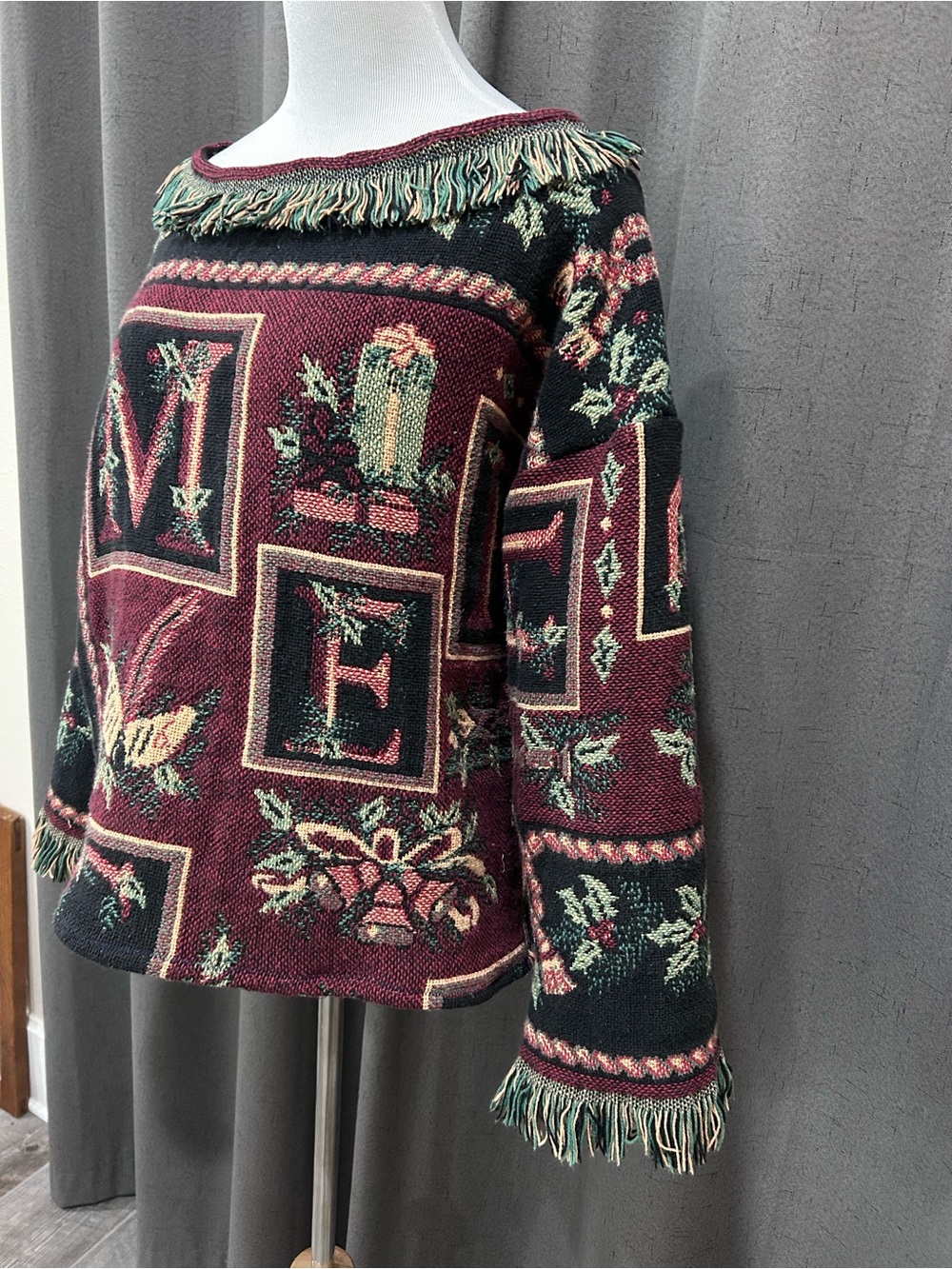 Fringed Tapestry Upcycled Sweater - Burgundy Floral - Picture 3 of 16